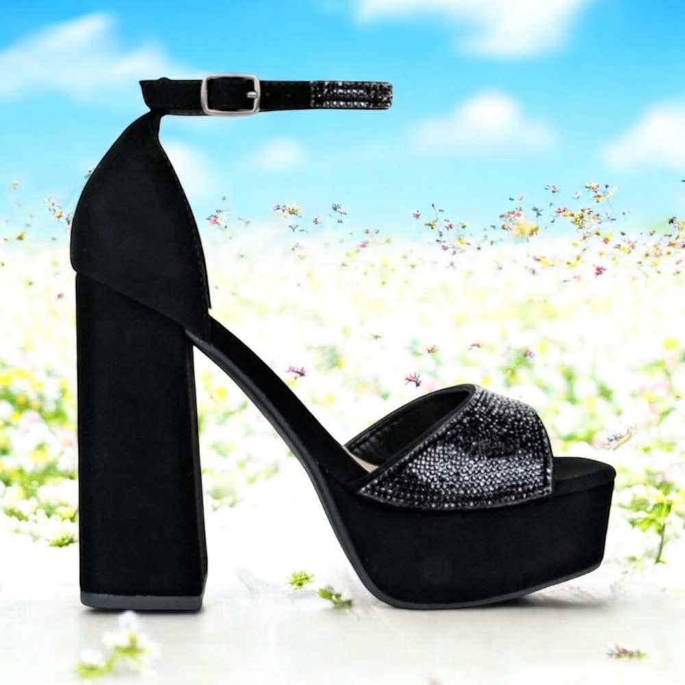 Delicious Aces Black Metallic Glitter Embellished Ankle Strap Platform Heels